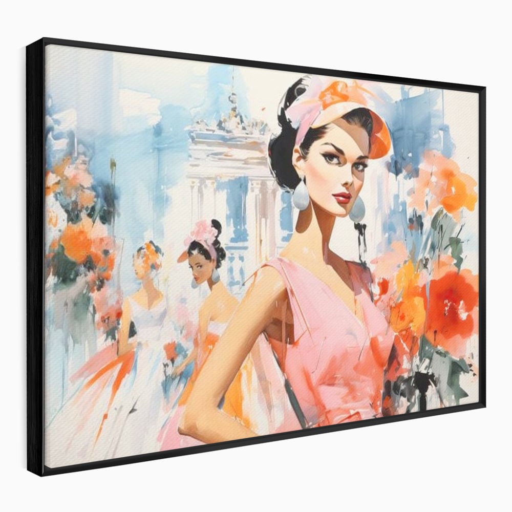 Tablou canvas cu tablou canvas cu femei la moda retro, in rama de aluminiu negru